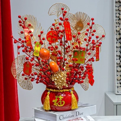 福桶发财果柿子年宵花客厅电视柜摆件2024年宵花福桶套装