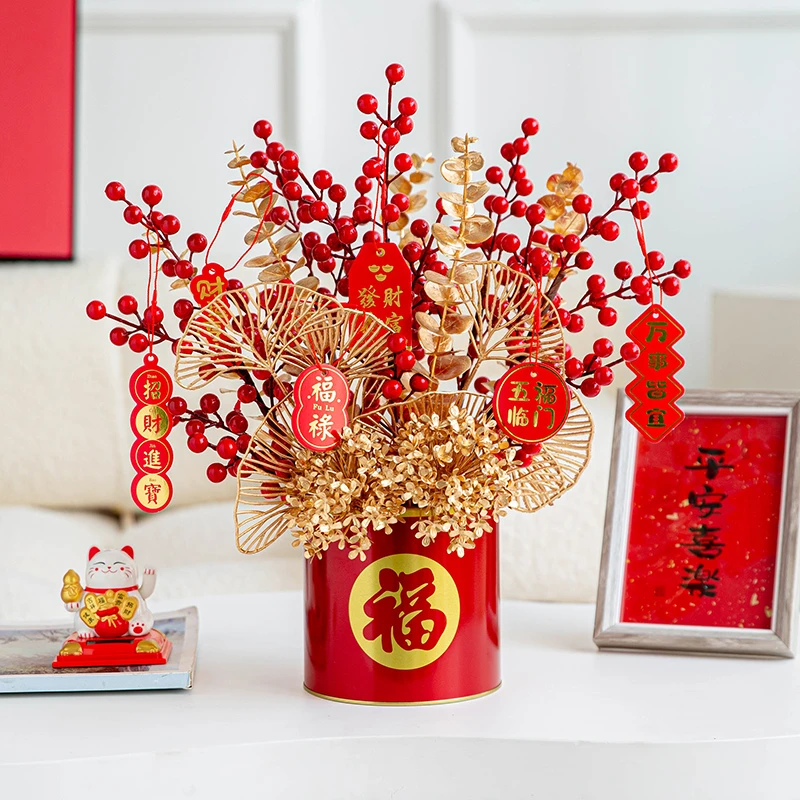 新年家饰发财果仿真花年宵花福桶发财果红果摆件乔迁电视柜摆设团