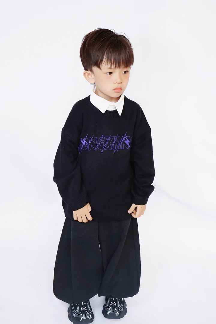 童巷潮牌男童假两件加厚加绒毛衣韩版字母印花针织衫