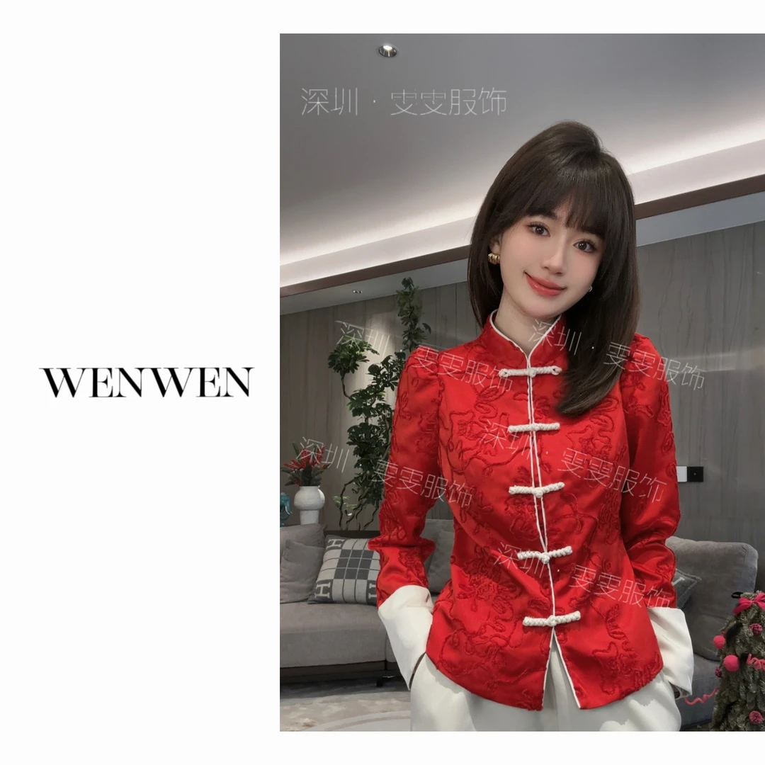WENWEN/23SS【“红红火火”新中式新年战袍显瘦重工盘扣打底衫上衣】