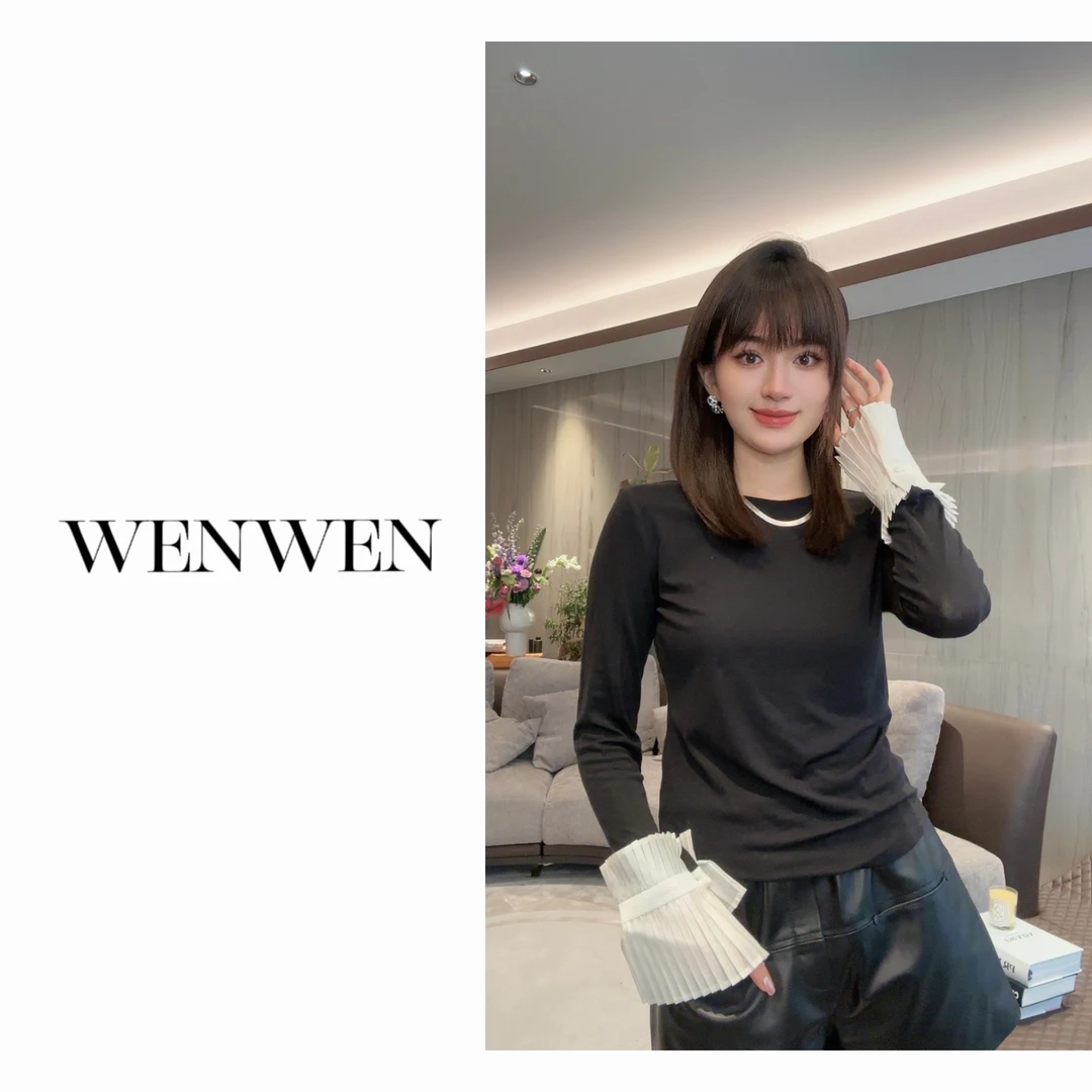 WENWEN/23SS【秋季时尚设计感洋气风琴褶拼接袖显瘦百搭上衣】