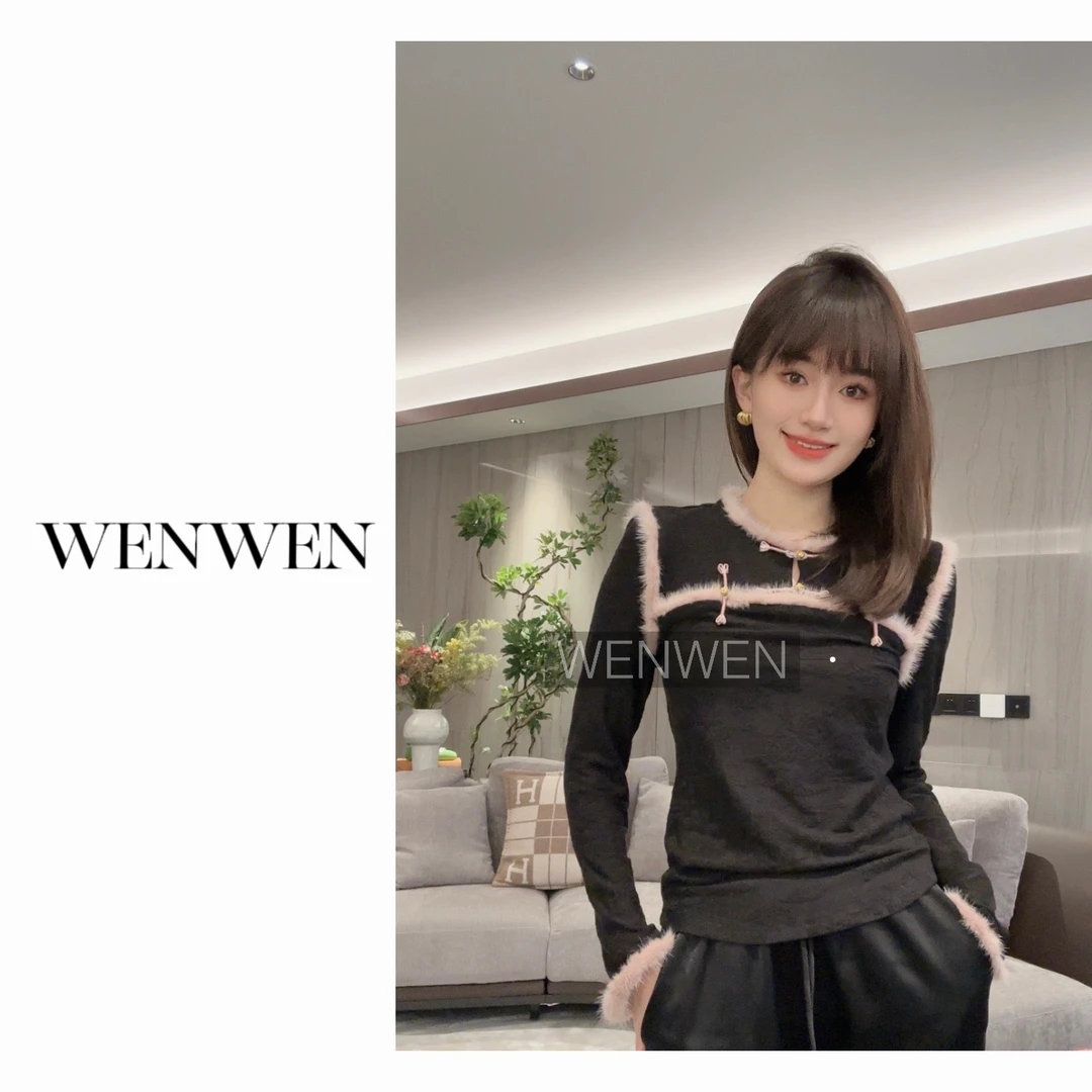 WENWEN/23SS【新中式国风淡雅气质修身显瘦保暖撞色上衣】