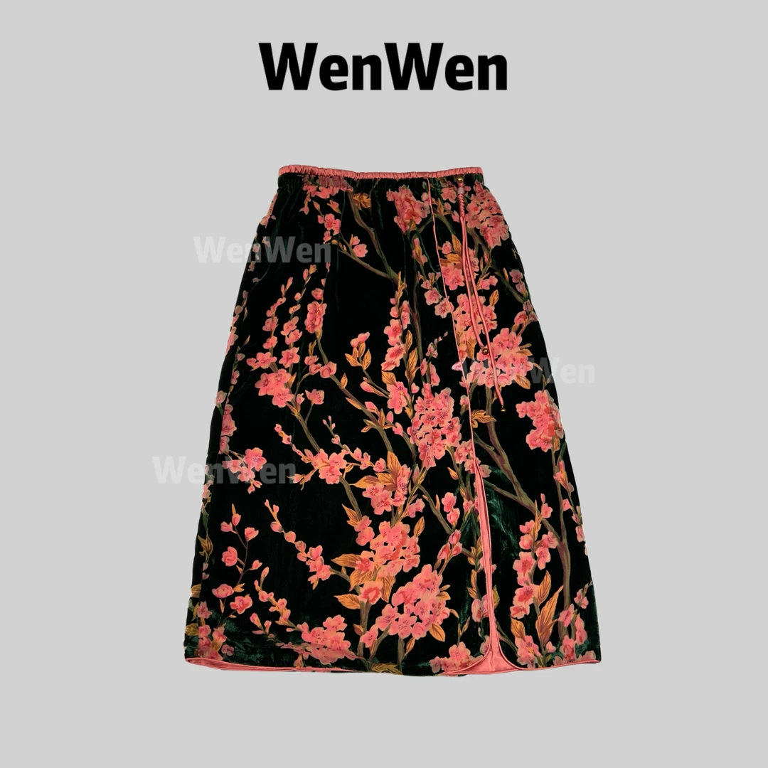 高定-WENWEN【“繁花盛开”新中式春夏时尚丝绒百搭半身裙】BQ0009