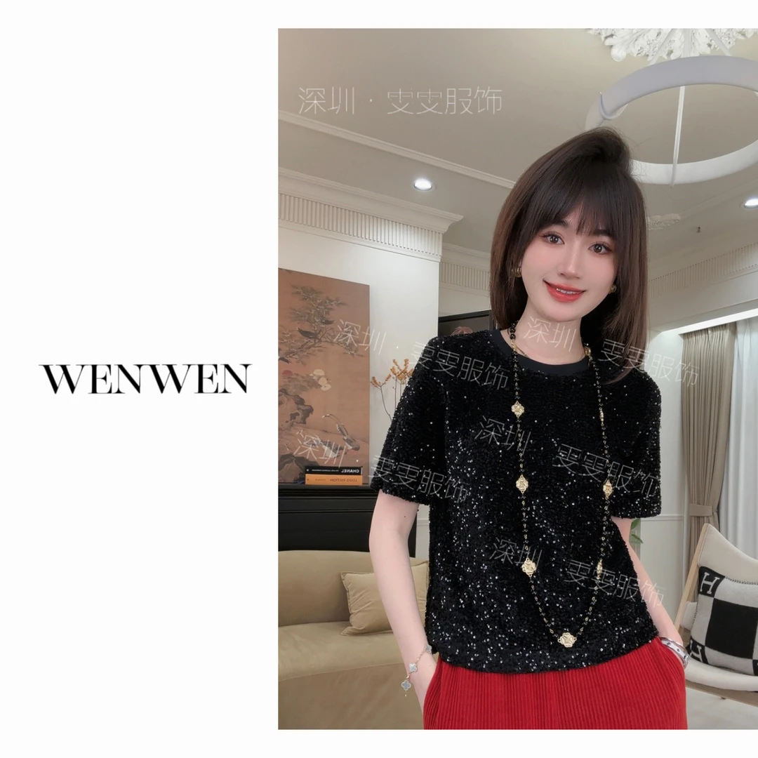 WENWEN/23SS【新中式简约大气高级感闪闪亮片短袖上衣】