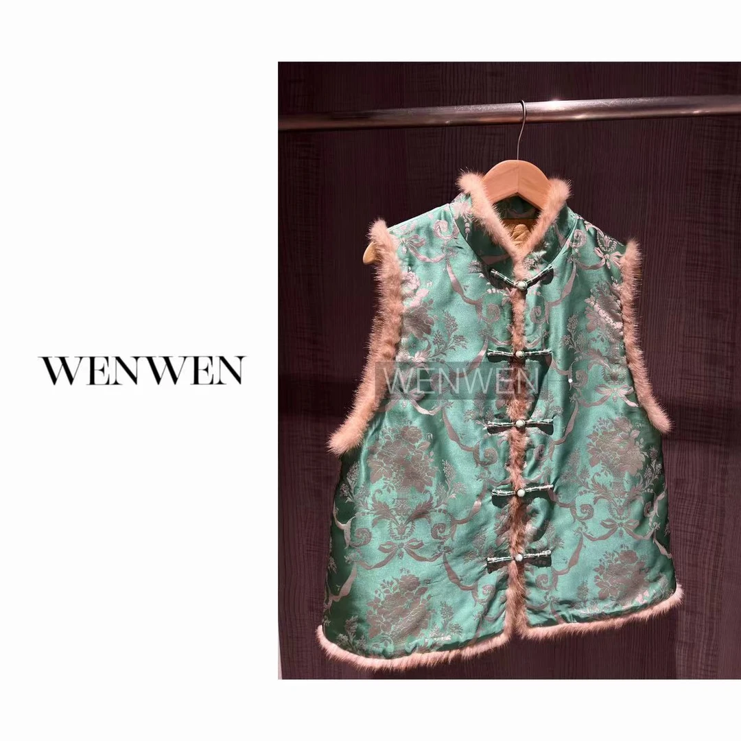 WENWEN/23SS【“草长莺飞”新中式重工盘扣撞色水貂百搭加厚马甲】