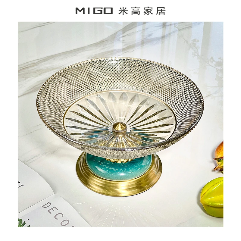 【米高家居】轻奢客厅黄铜水晶玻璃高脚糖果零食收纳水果盘家居摆件