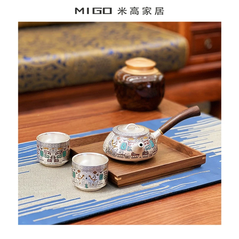 【米高家居】中式古典999鎏银茶具礼盒功夫茶手工侧把壶围炉煮茶