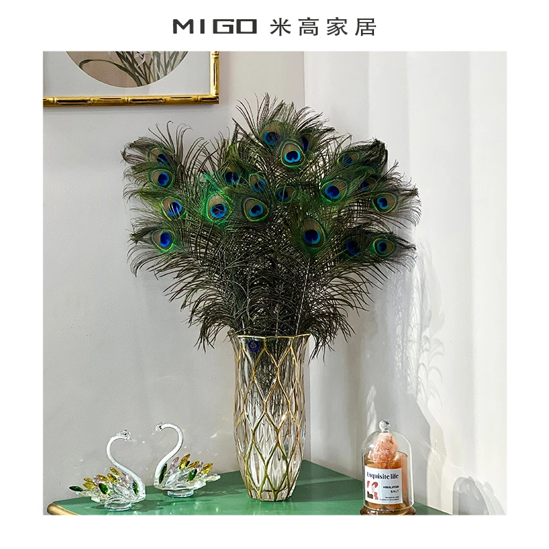 【米高家居】古典欧式玻璃花瓶透明水培干花插花客厅孔雀羽毛摆件