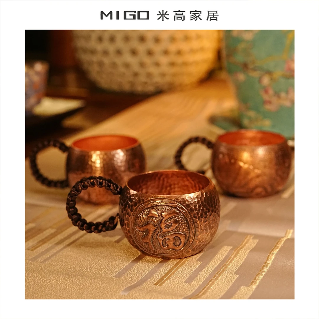 【米高家居】复古手工锤纹荷花紫铜加厚杯铜茶具茶杯