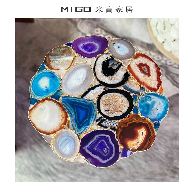 【米高家居】轻奢风客厅家用出口天然玛瑙铜材角几边几小茶桌茶几