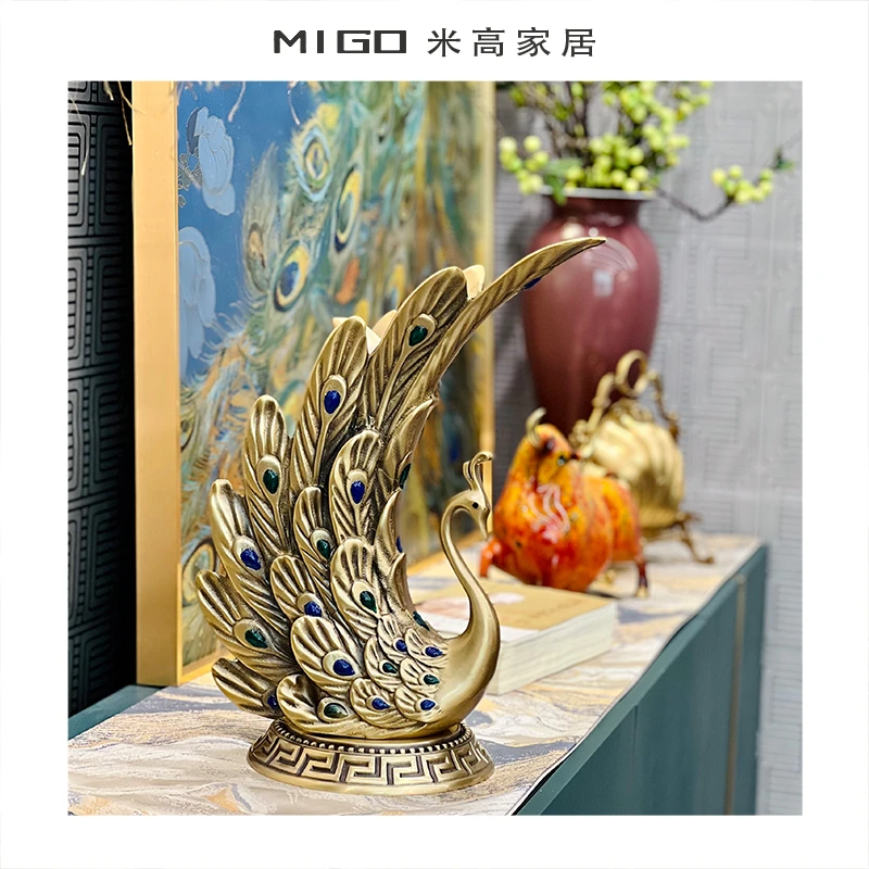 【米高家居】新中式复古全铜浮雕刻花孔雀玄关家居摆件材质