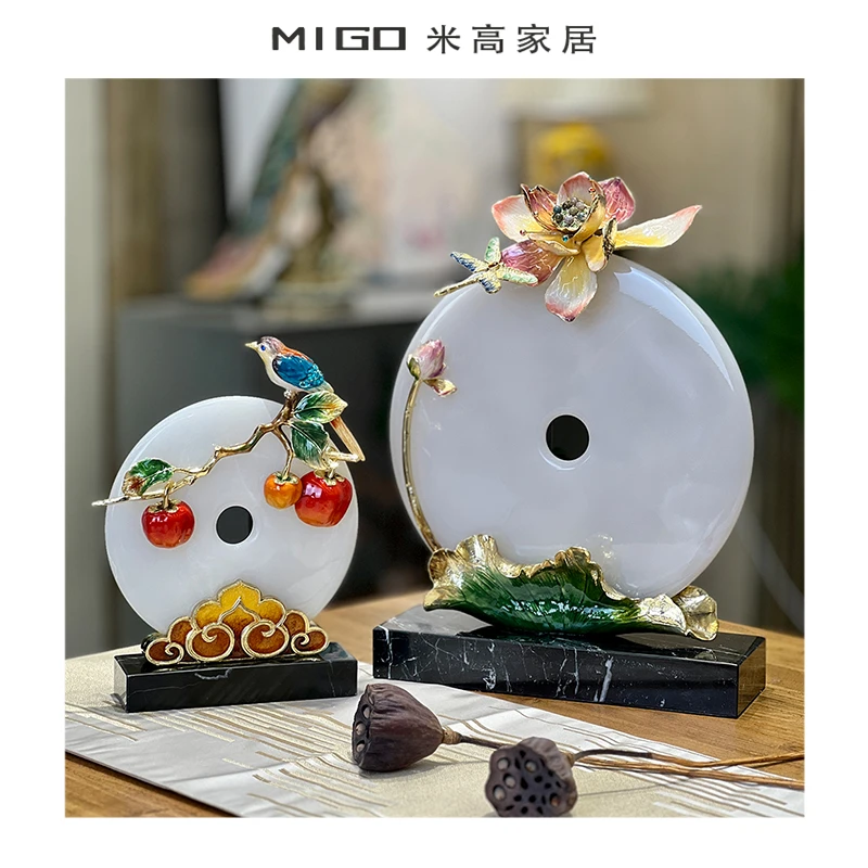 【米高家居】新中式珐琅彩荷花平安扣喜上眉梢玄关家居摆件
