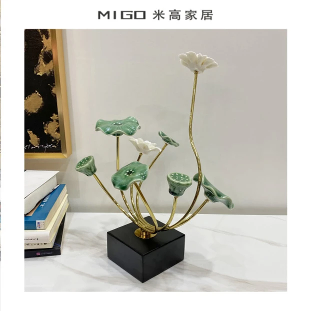 【米高家居】流行风装饰新中式荷花摆件禅意国风轻奢家居陶瓷摆件