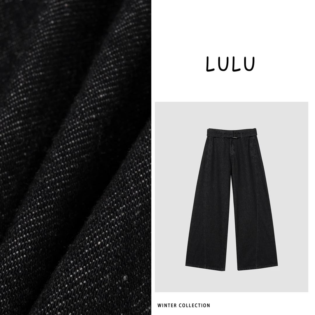 LULU ‘棉’复古水洗高腰系带百搭阔腿弯刀牛仔裤LK003