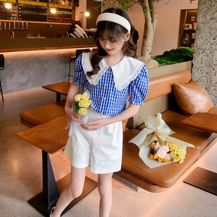 2-5-8250中大女童格子甜美娃娃领套装