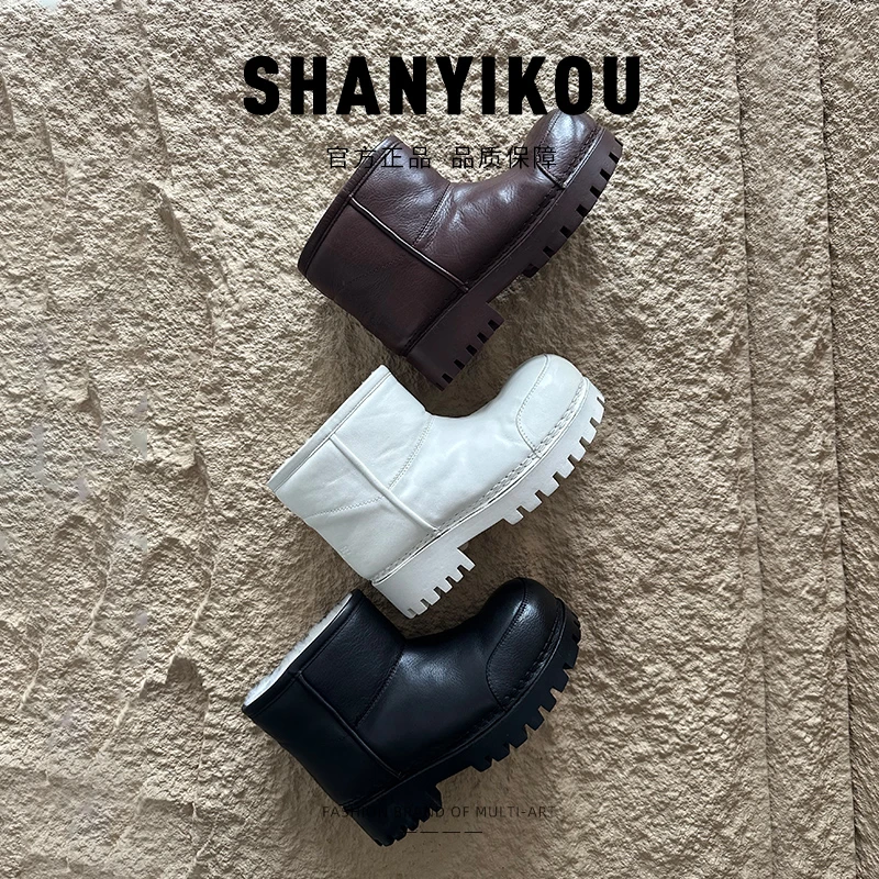 0101牛皮雪地靴女2024秋冬季新款厚底百搭加厚保暖圆头真皮短靴子