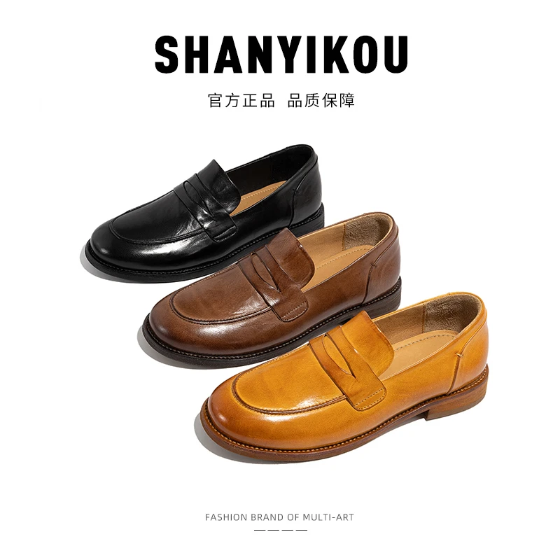 2815马皮复古圆头乐福鞋女2024春夏新款时尚粗跟百搭英伦风单鞋