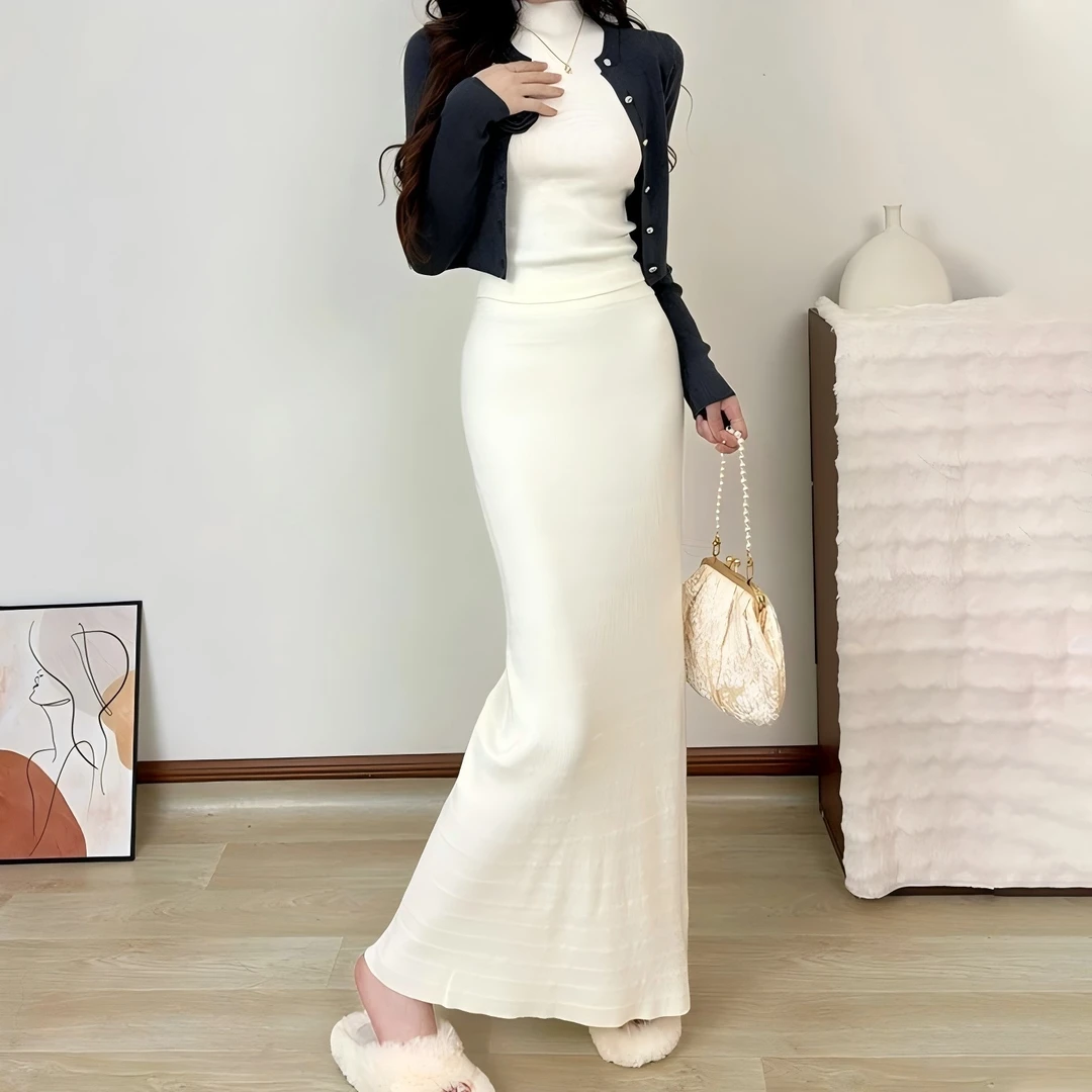 白色针织直筒高个子半身裙女秋冬包臀裙长款中腰修身显瘦气质长裙
