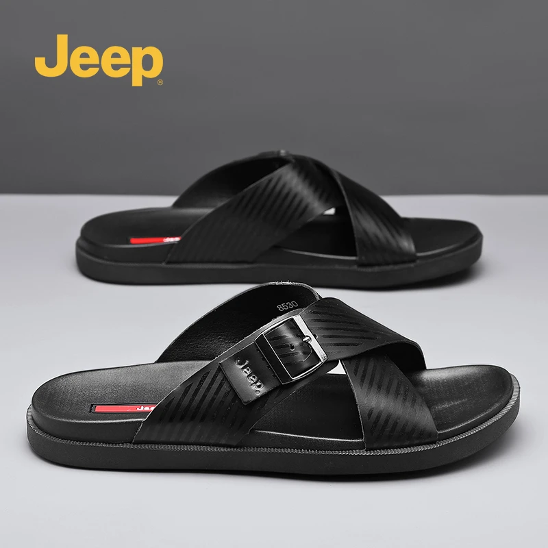 jeep吉普男士拖鞋2025新款夏季外穿防臭防滑软底真皮黑色沙滩凉拖