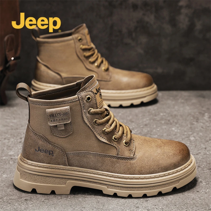 jeep吉普男鞋马丁靴男款潮冬季高帮休闲工装靴子男士软皮机车短靴