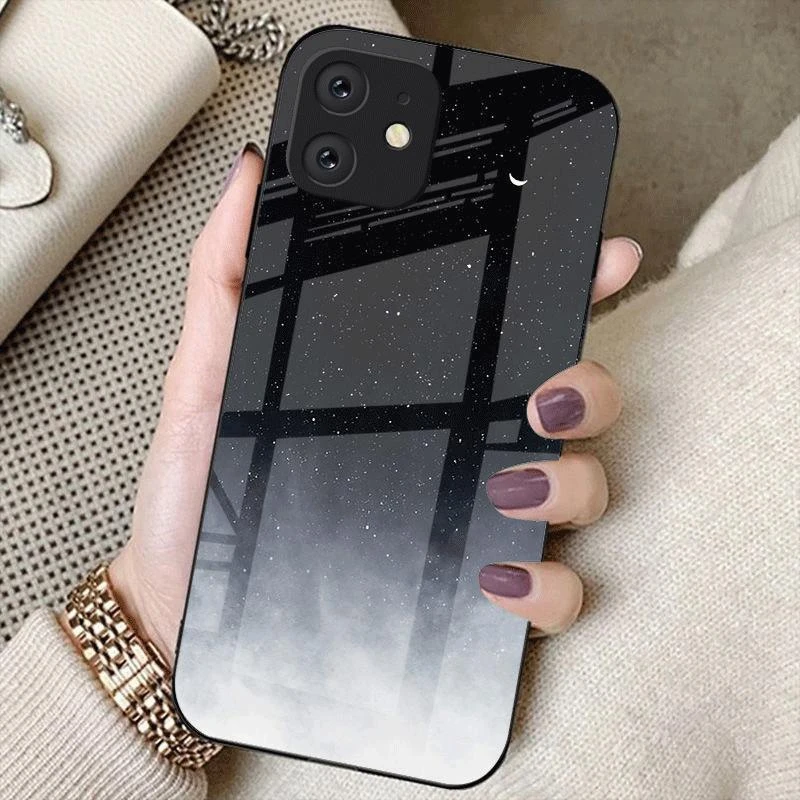 适用渐变星空苹果12mini手机壳玻璃质感新男款防摔休闲创意保护壳