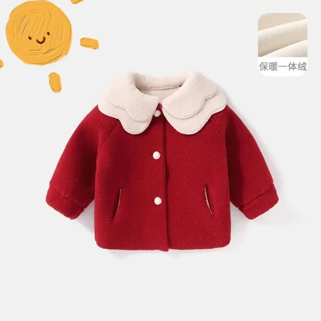 冬款洋气儿童上衣加绒女宝宝保暖毛过年新年拜年冬装喜庆女童外套