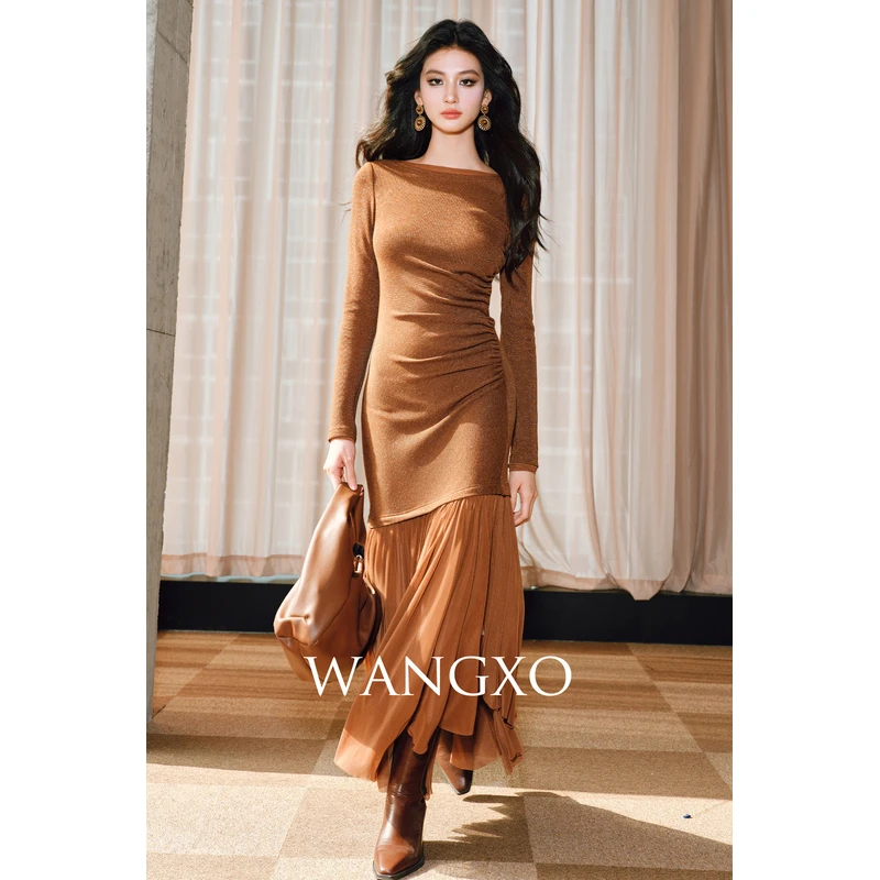 WANGXO【沙漠玫瑰】亮丝针织捏褶拼接网纱连衣裙  2401176W