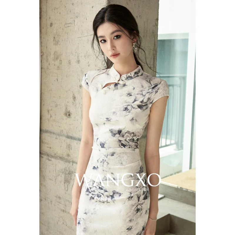 WANGXO 【水墨丹青】旗袍季短袖中国风复古长款日常连衣裙 240117S