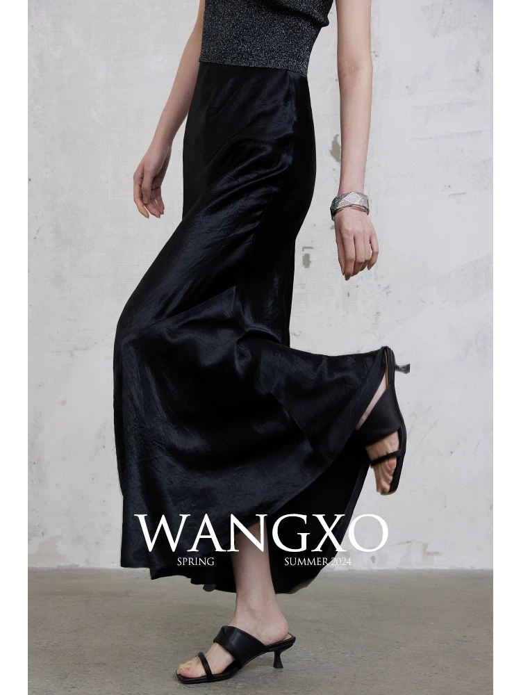 WANGXO 醋酸压皱轻奢显瘦半身裙241013Y