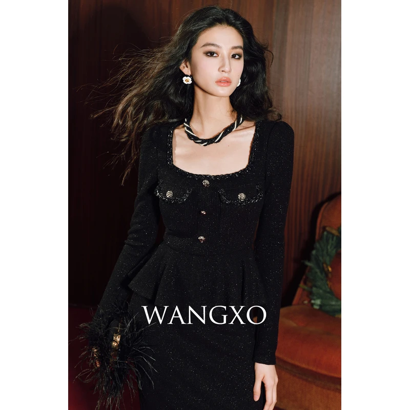 WANGXO 亮丝假两件荷叶摆小香连衣裙  2401315W