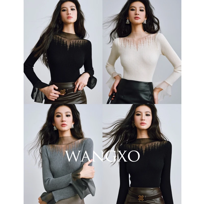 WANGXO 欧根纱拼接绵羊毛喇叭袖针织毛衣 240986W