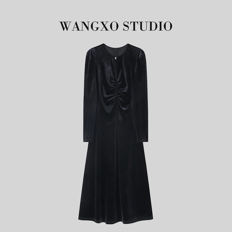 WANGXO收腰显瘦别致领口丝绒连衣裙2311880Y