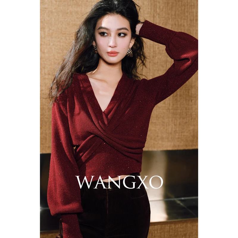 WANGXO 羊毛亮闪珠片交叉扭结针织毛衣  2401386W