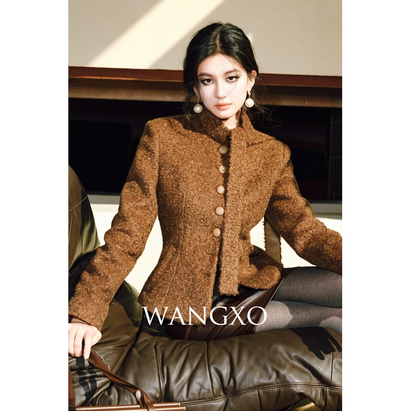 WANGXO【榛果可可】卷毛拼皮飘带立领收腰外套 2431251W