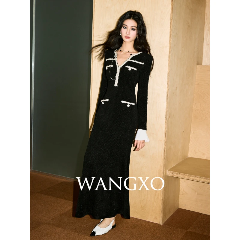 WANGXO  鱼尾收腰显瘦可拆卸袖口连衣裙  240763S
