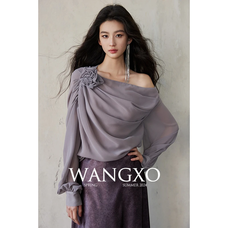 WANGXO 不规则斜肩空气感玫瑰设计感衬衫 2302190S