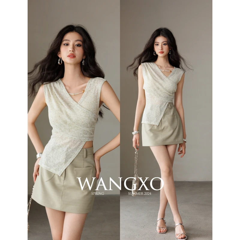 WANGXOV领交叉无袖不规则修身针织上衣241331Y