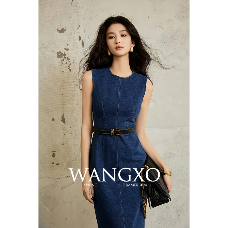 WANGXO 圆领无袖修身包臀牛仔连衣裙 2302120S