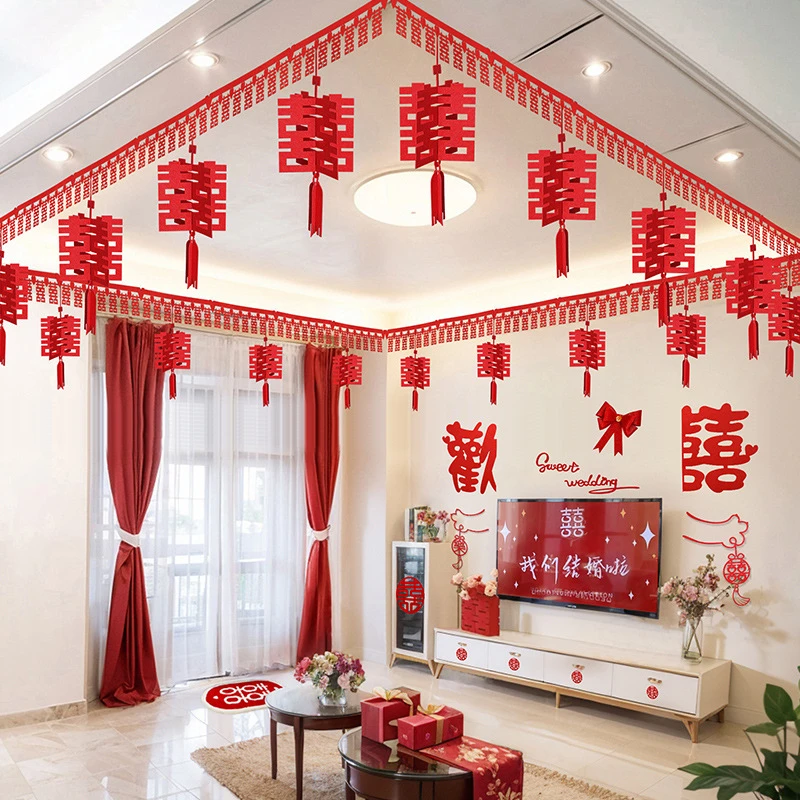 中式布置套装男方女方新房客厅喜字吊顶卧室室内房顶四角结婚婚房