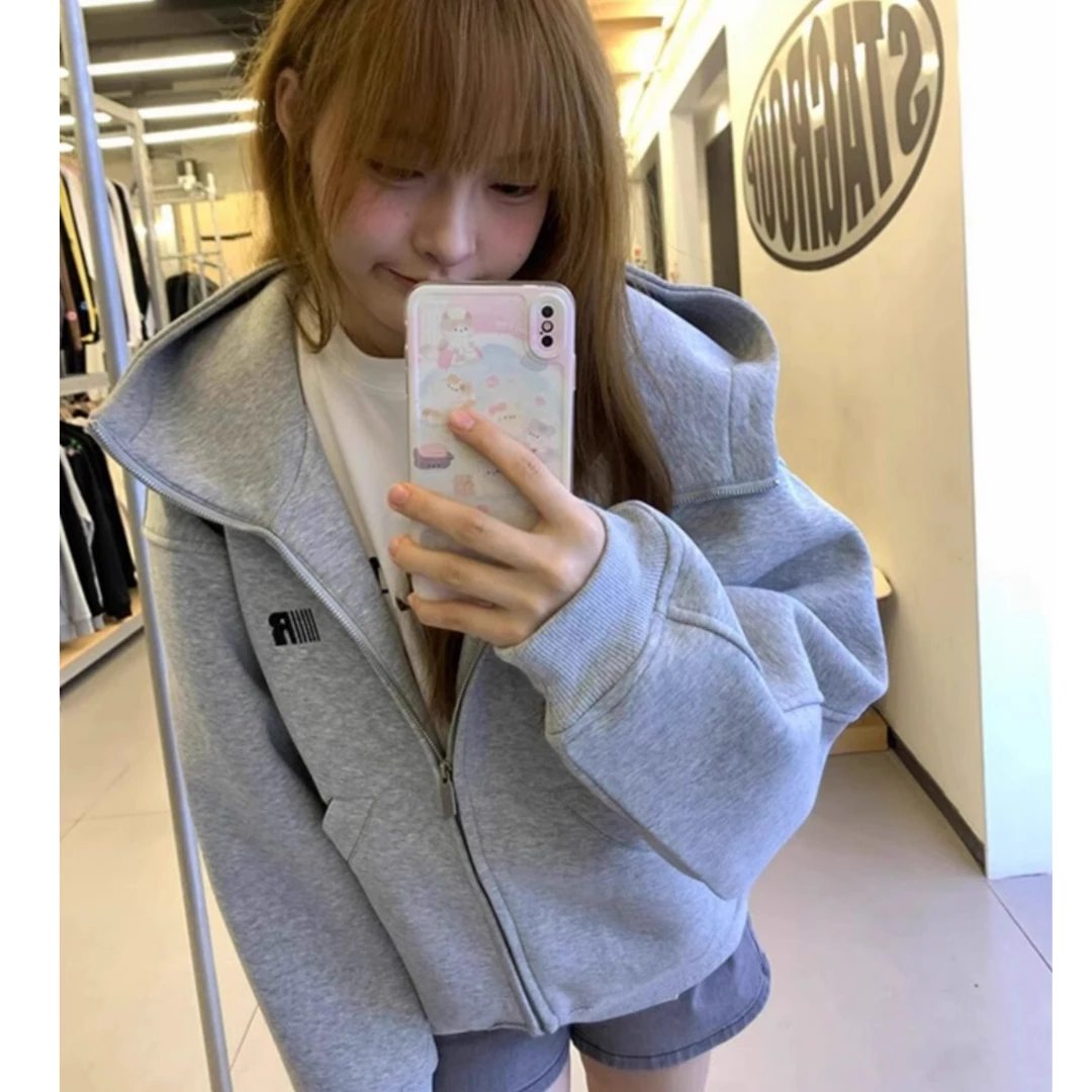 2024新款爆款灰色开衫外套女秋冬加绒加厚宽松美式慵懒风连帽卫衣