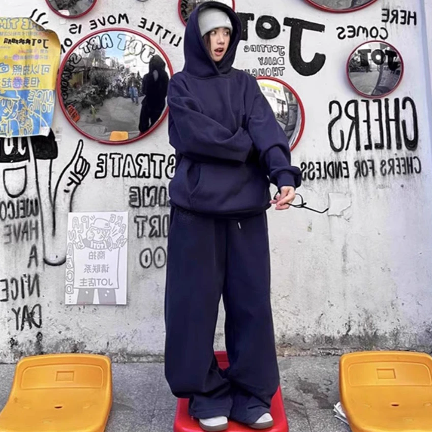 2025气质宽松慵懒蓝色连帽卫衣套装女装春秋显瘦休闲裤运动两件套