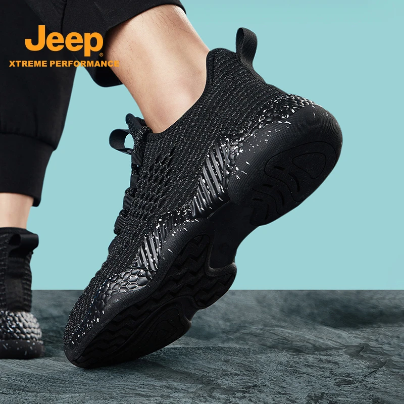 JEEP/吉普户外登山防水网面运动鞋透气增高减震百搭飞织轻便男鞋