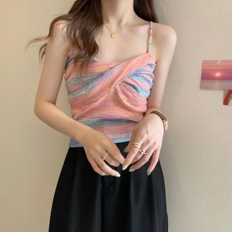 时尚彩条纹针织抹胸小吊带背心女夏外穿内搭辣妹短款性感海边穿搭