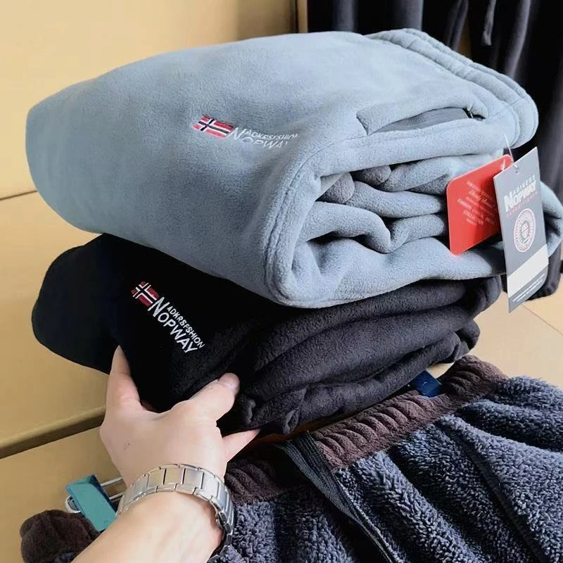 出口尾单！冬季保暖加绒加厚休闲束脚裤男士北极绒刺绣卫裤长毛绒