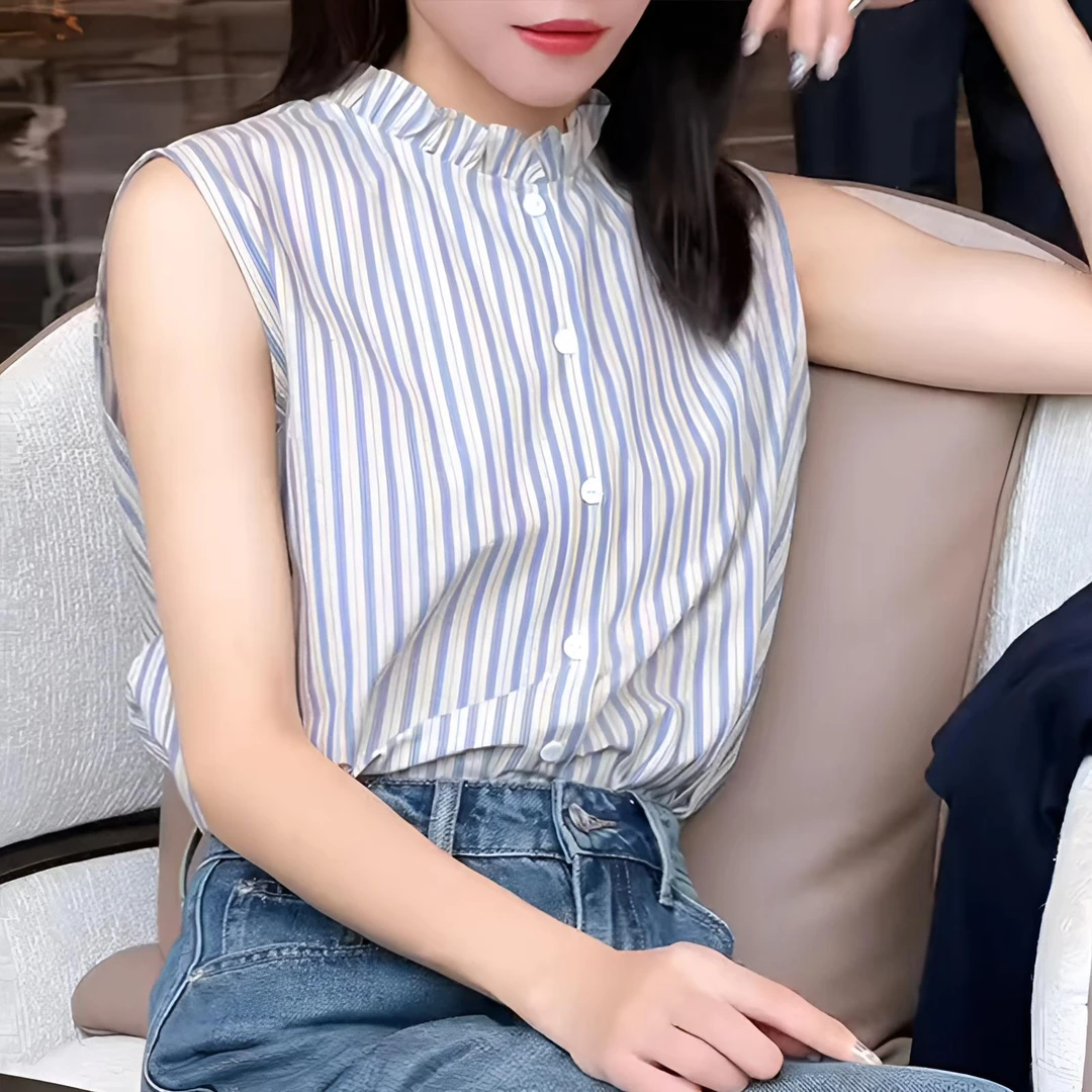 百搭竖条纹木耳边花边立领衬衫女背心叠穿打底衫内搭秋冬气质上衣