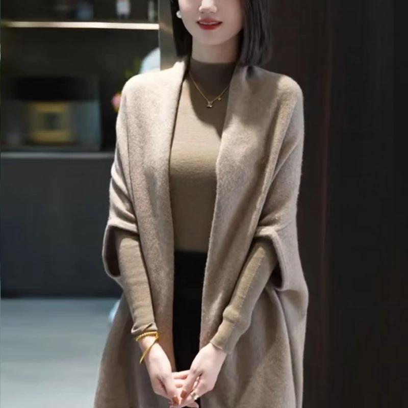 蝙蝠袖披肩外套毛衣女针织衫长袖开衫休闲宽松显瘦气质中长款X83