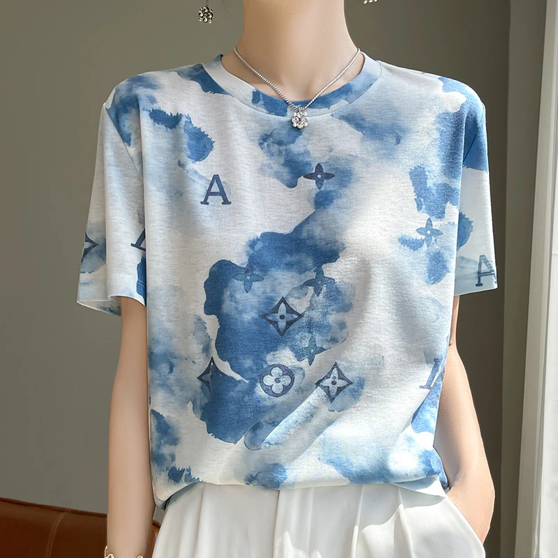 短袖t恤女2024新款涂鸦印花大码女装夏季薄款冰丝时尚针织衫上衣
