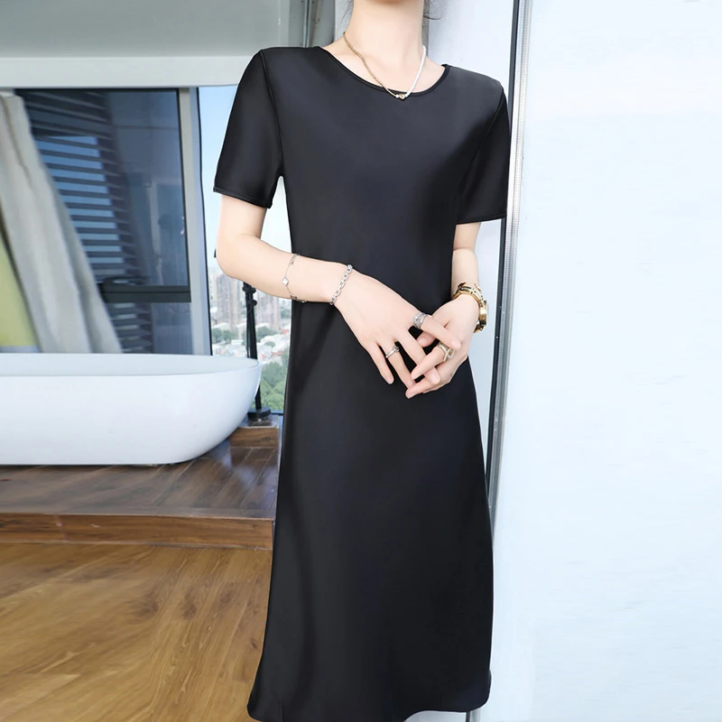 纯色优雅减龄短袖连衣裙女装2024夏季薄款新款圆领显瘦简约A字裙