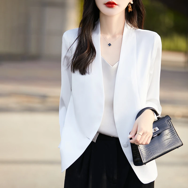 轻奢春夏薄款西装开衫女纯色七分袖上衣缎面V领气质外搭西服ZG05