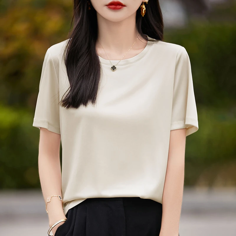 夏季醋酸上衣轻奢高级感短袖纯色显瘦薄款半袖简约时尚百搭T恤衫